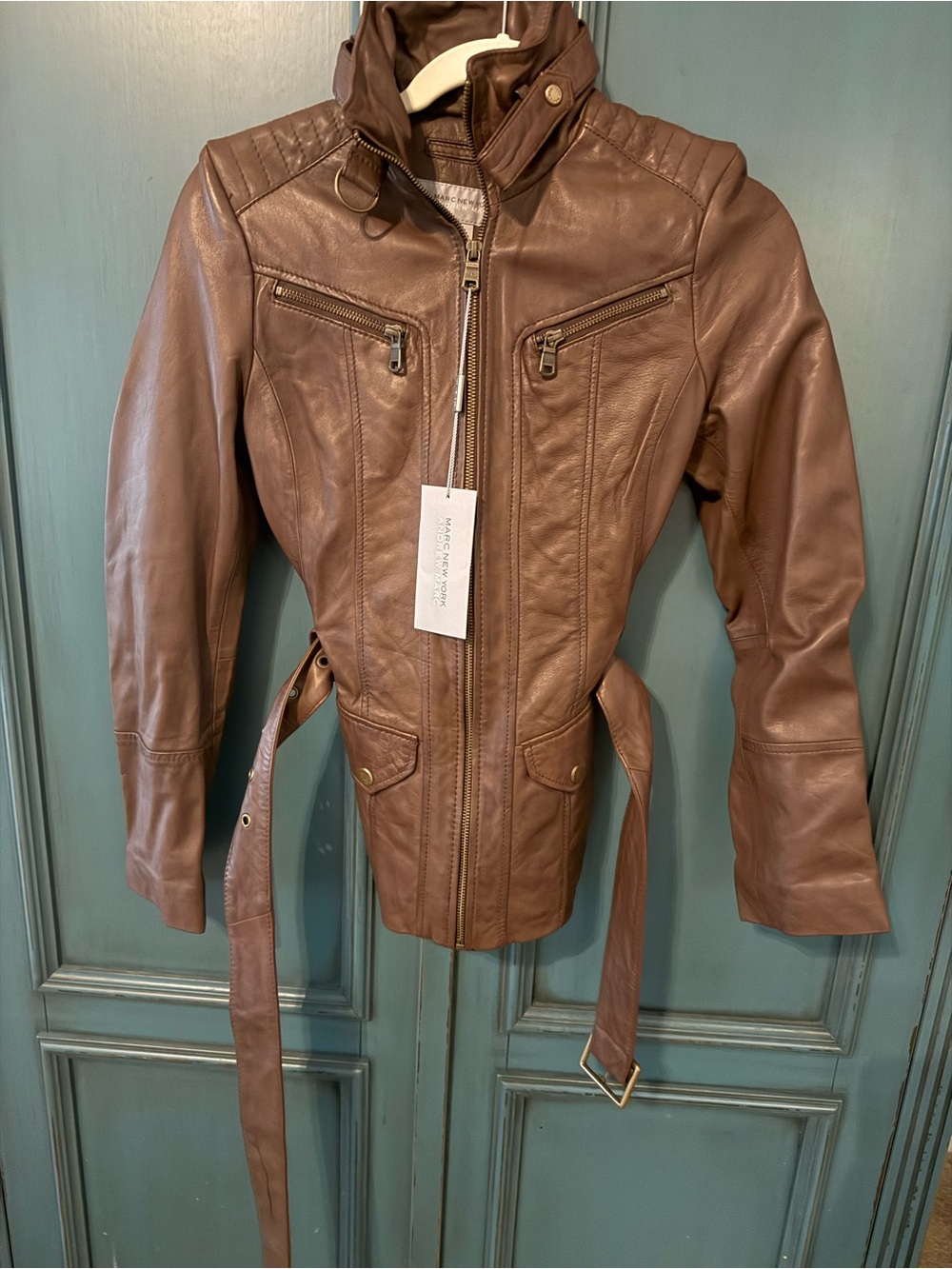 Womens Brown Leather Belted Moto Jacket